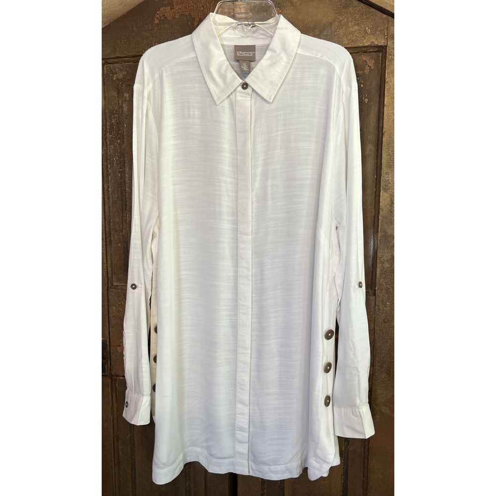 Chicos White Blouse Top Tunic Button Down Side Button Accent Lagenlook Sz 2 US L